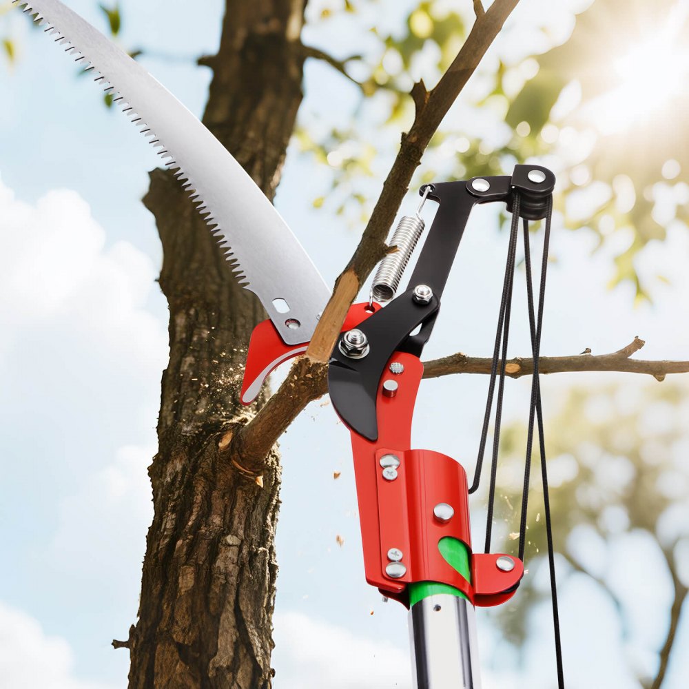 VEVOR takkenzaag met telescopische steel, verstelbaar van 215,3-809,3 cm, scherp zaagblad van 65Mn staal, lichtgewicht glasvezelstok, telescopische boomzaag voor het snoeien van hoge takken, (incl. boomschaar)