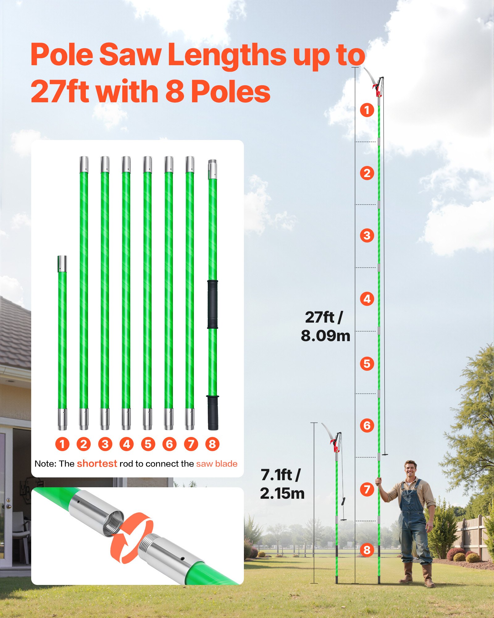 VEVOR takkenzaag met telescopische steel, verstelbaar van 215,3-809,3 cm, scherp zaagblad van 65Mn staal, lichtgewicht glasvezelstok, telescopische boomzaag voor het snoeien van hoge takken, (incl. boomschaar)
