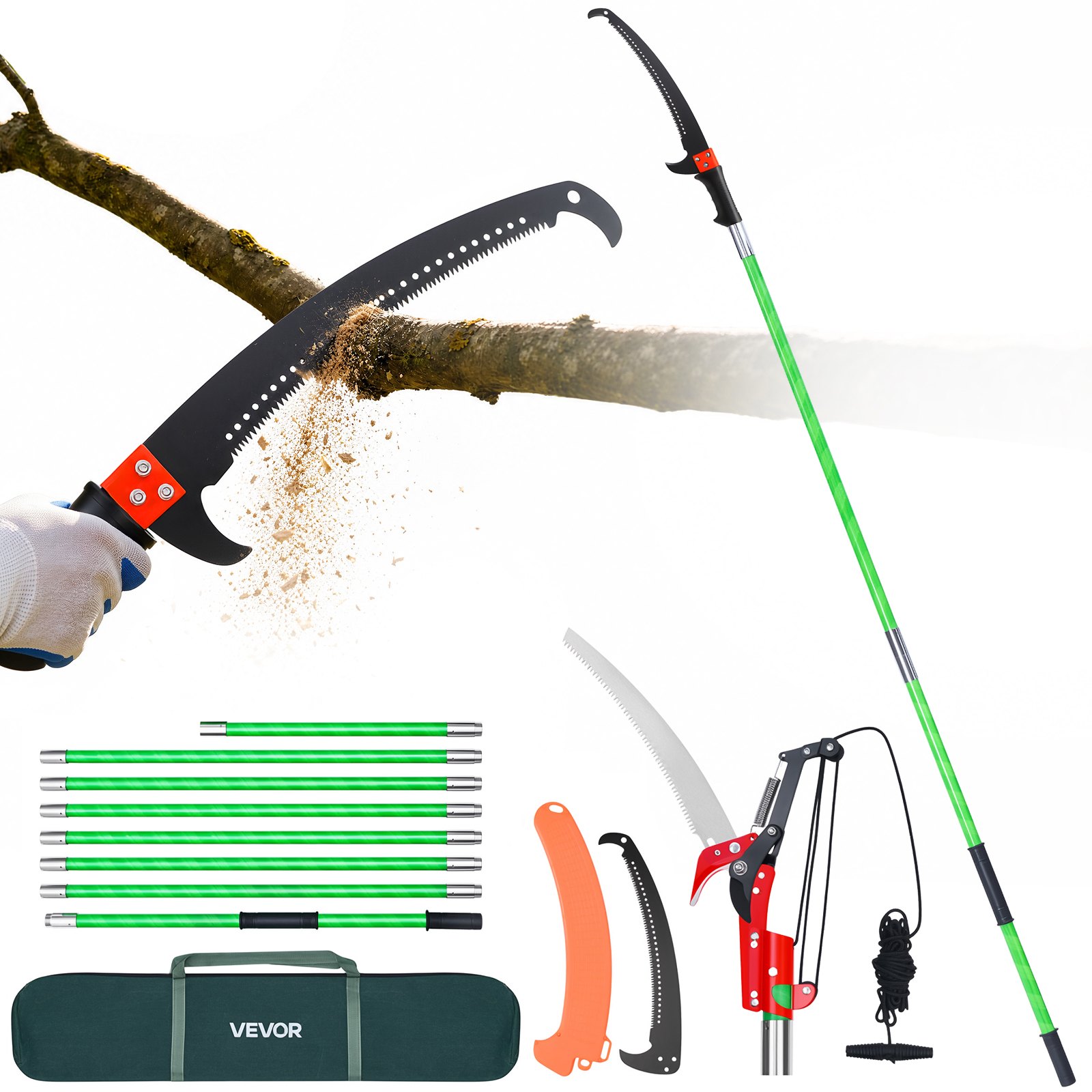 VEVOR Manual Pole Saw, 118-809.3 cm Extendable Pole Tree Pruner with Scissors, Sharp 65Mn Steel Blade, Lightweight Fiberglass Handle Pole, for High Branch Trimming, Pruning Tool for Palms and Shrubs