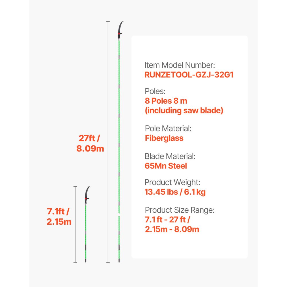 VEVOR takkenzaag met telescopische steel, verstelbaar van 2,15 tot 8,09 m, 65Mn stalen zaagblad, lichtgewicht glasvezelsteel, voor het snoeien van hoge takken, telescopische boomzaag voor palmen en struiken.