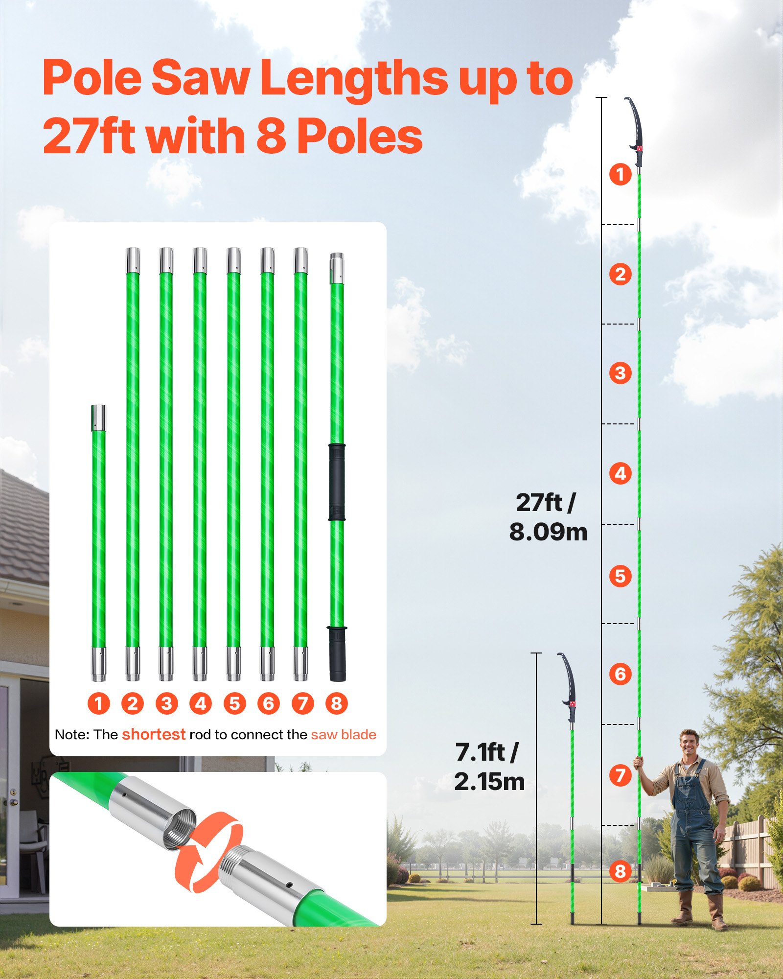 VEVOR takkenzaag met telescopische steel, verstelbaar van 2,15 tot 8,09 m, 65Mn stalen zaagblad, lichtgewicht glasvezelsteel, voor het snoeien van hoge takken, telescopische boomzaag voor palmen en struiken.