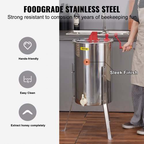 VEVOR Handmatige Honing Extractor Tangentiële Extractor Roestvrij Staal 3 Frames Honing Extractor 45mm Honing Klep Diagonale Extractor 48x16/23cm Honingraat Grootte Transparant Deksel Bijenteelt Imker Accessoires