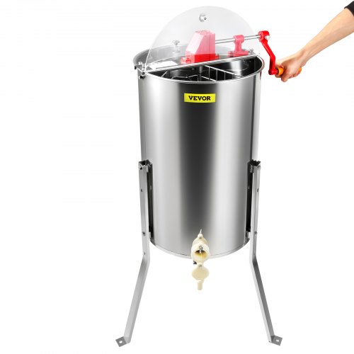 VEVOR Handmatige Honing Extractor Tangentiële Extractor Roestvrij Staal 3 Frames Honing Extractor 45mm Honing Klep Diagonale Extractor 48x16/23cm Honingraat Grootte Transparant Deksel Bijenteelt Imker Accessoires