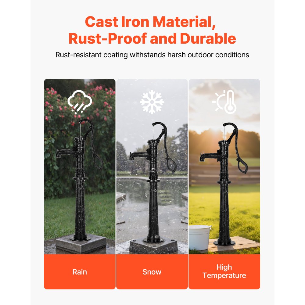 VEVOR Well Hand Pitcher Pump, 20 ft Max Lift, Antique Cast Iron Manual Hand Water Pump with Heightening Base, NPT 1-1/4 in Connection, Easy Installation, for Outdoor Garden, Pond, Yard, Farm, Black