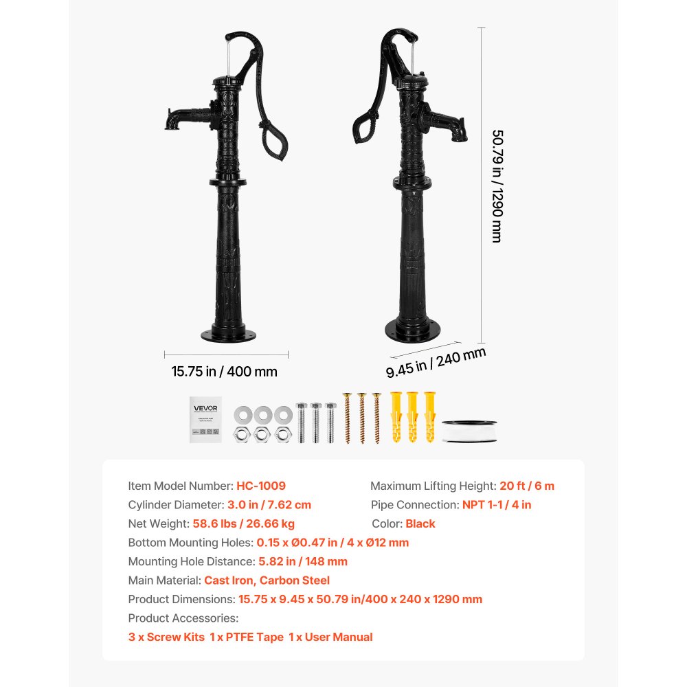 VEVOR Well Hand Pitcher Pump, 20 ft Max Lift, Antique Cast Iron Manual Hand Water Pump with Heightening Base, NPT 1-1/4 in Connection, Easy Installation, for Outdoor Garden, Pond, Yard, Farm, Black