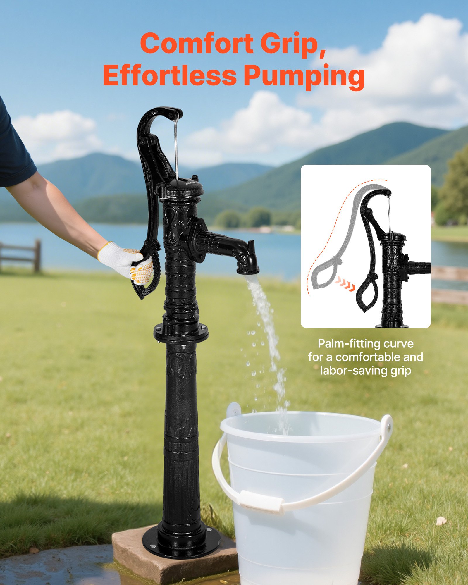 VEVOR Well Hand Pitcher Pump, 20 ft Max Lift, Antique Cast Iron Manual Hand Water Pump with Heightening Base, NPT 1-1/4 in Connection, Easy Installation, for Outdoor Garden, Pond, Yard, Farm, Black
