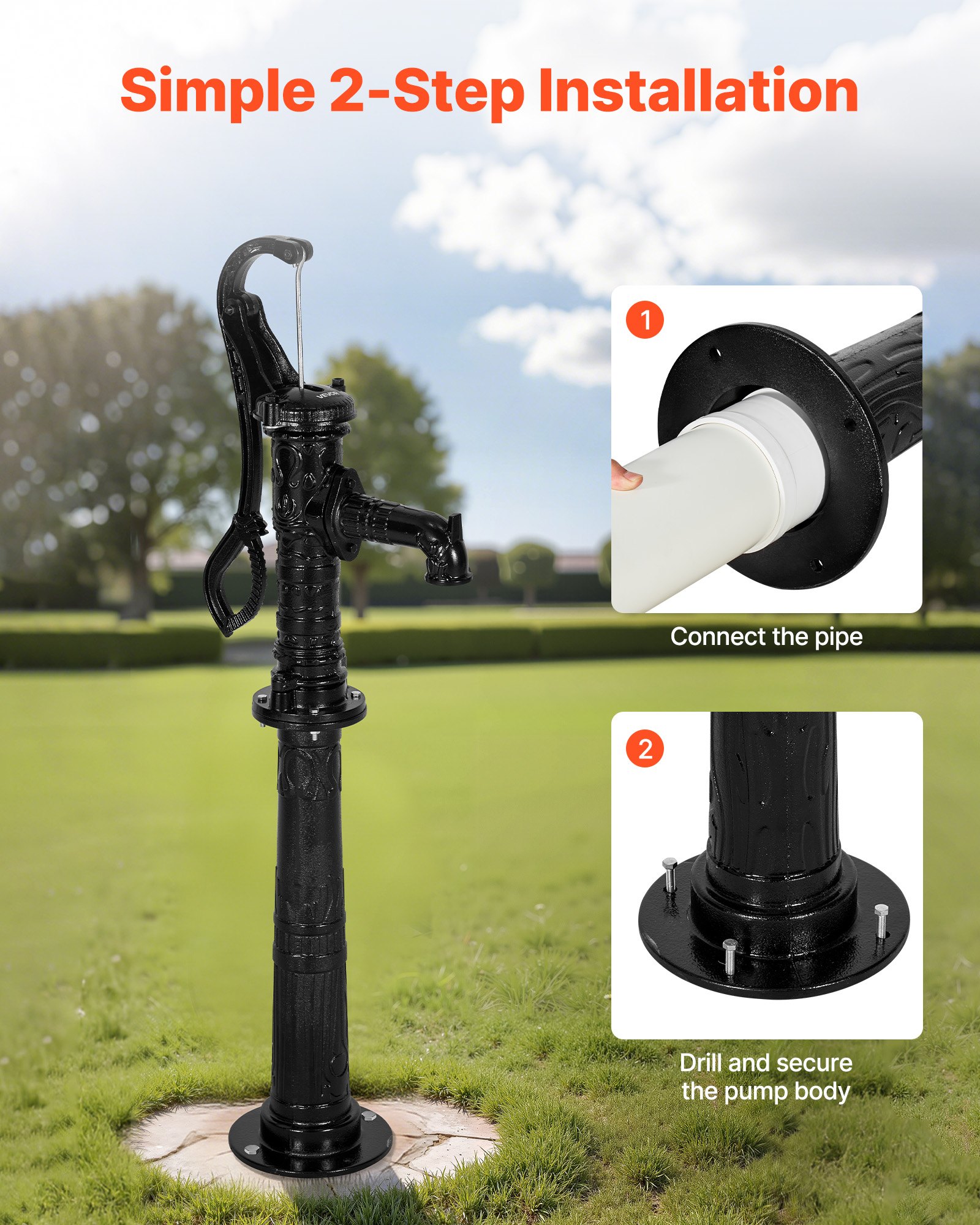 VEVOR Well Hand Pitcher Pump, 20 ft Max Lift, Antique Cast Iron Manual Hand Water Pump with Heightening Base, NPT 1-1/4 in Connection, Easy Installation, for Outdoor Garden, Pond, Yard, Farm, Black