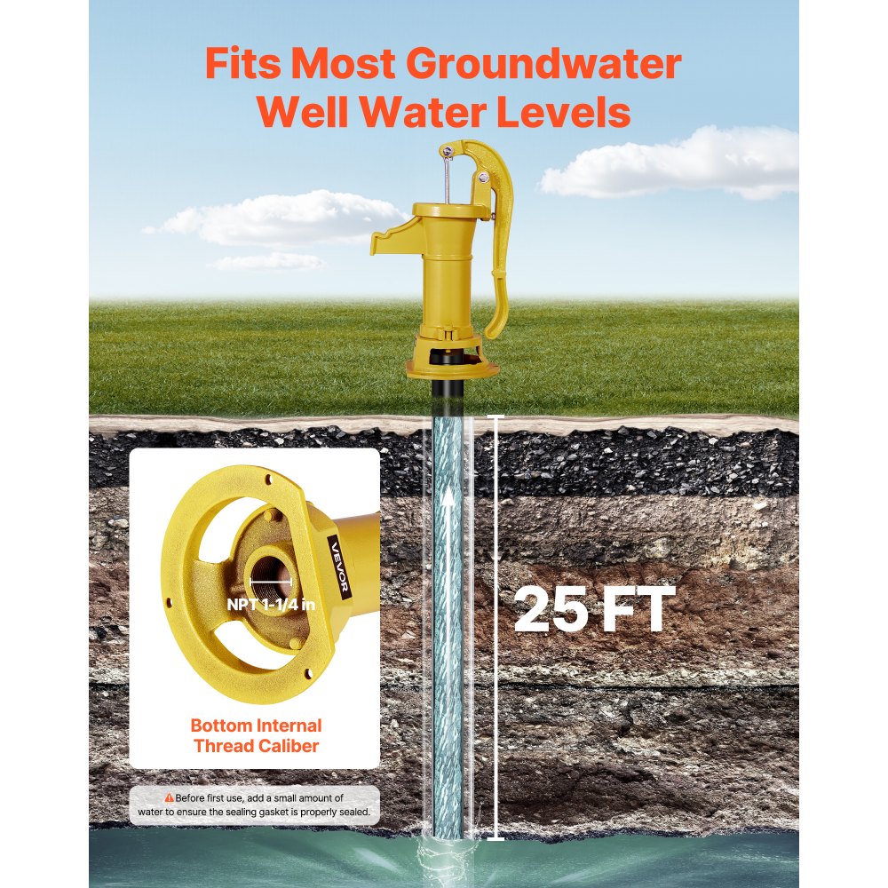 VEVOR Well Hand Pitcher Pump, 25 ft Maximum Lift, Antique Cast Iron Manual Hand Water Pump, NPT 1-1/4 in Connection, Easy Installation, Old Fashioned for Outdoor Garden, Pond, Backyard, Farm, Yellow