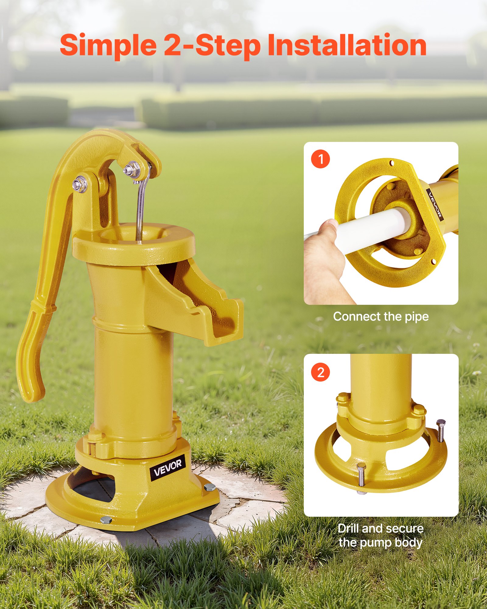 VEVOR Well Hand Pitcher Pump, 25 ft Maximum Lift, Antique Cast Iron Manual Hand Water Pump, NPT 1-1/4 in Connection, Easy Installation, Old Fashioned for Outdoor Garden, Pond, Backyard, Farm, Yellow
