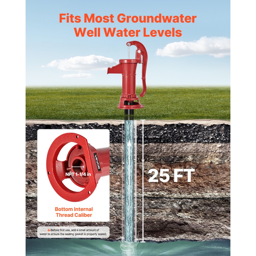 VEVOR Well Hand Pitcher Pump, 25 ft Maximum Lift, Antique Cast Iron Manual Hand Water Pump, NPT 1-1/4 in Connection, Easy Installation, Old Fashioned for Outdoor Garden, Pond, Backyard, Farm, Red