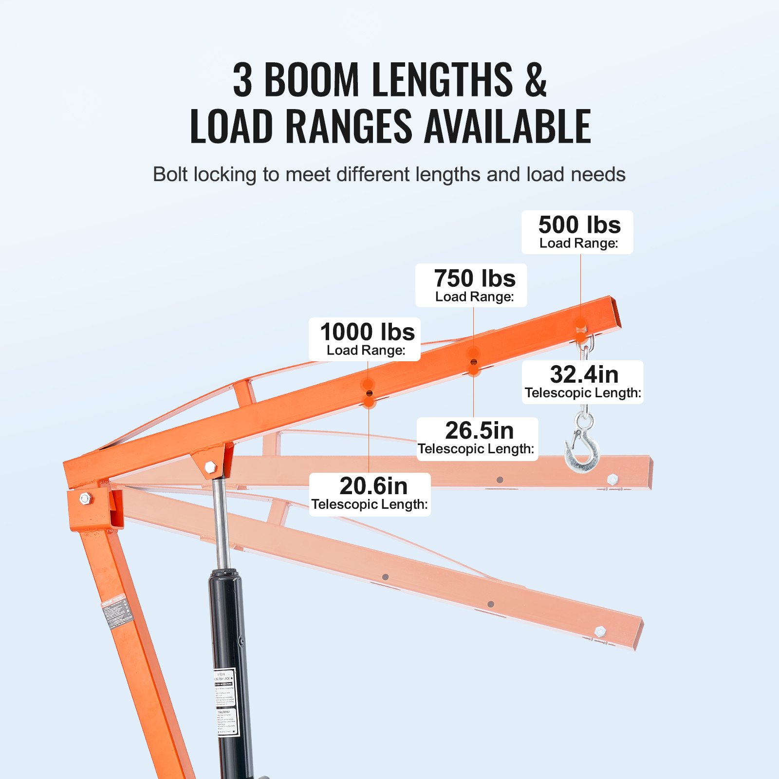 VEVOR Hydraulic Pickup Truck Crane, 1000 lbs Capacity, 360° Swivel, Hitch Mounted Crane with Three Boom Capacities of 500 lbs, 750 lbs & 1000 lbs, for Lifting Goods in Construction, Forestry, Factory