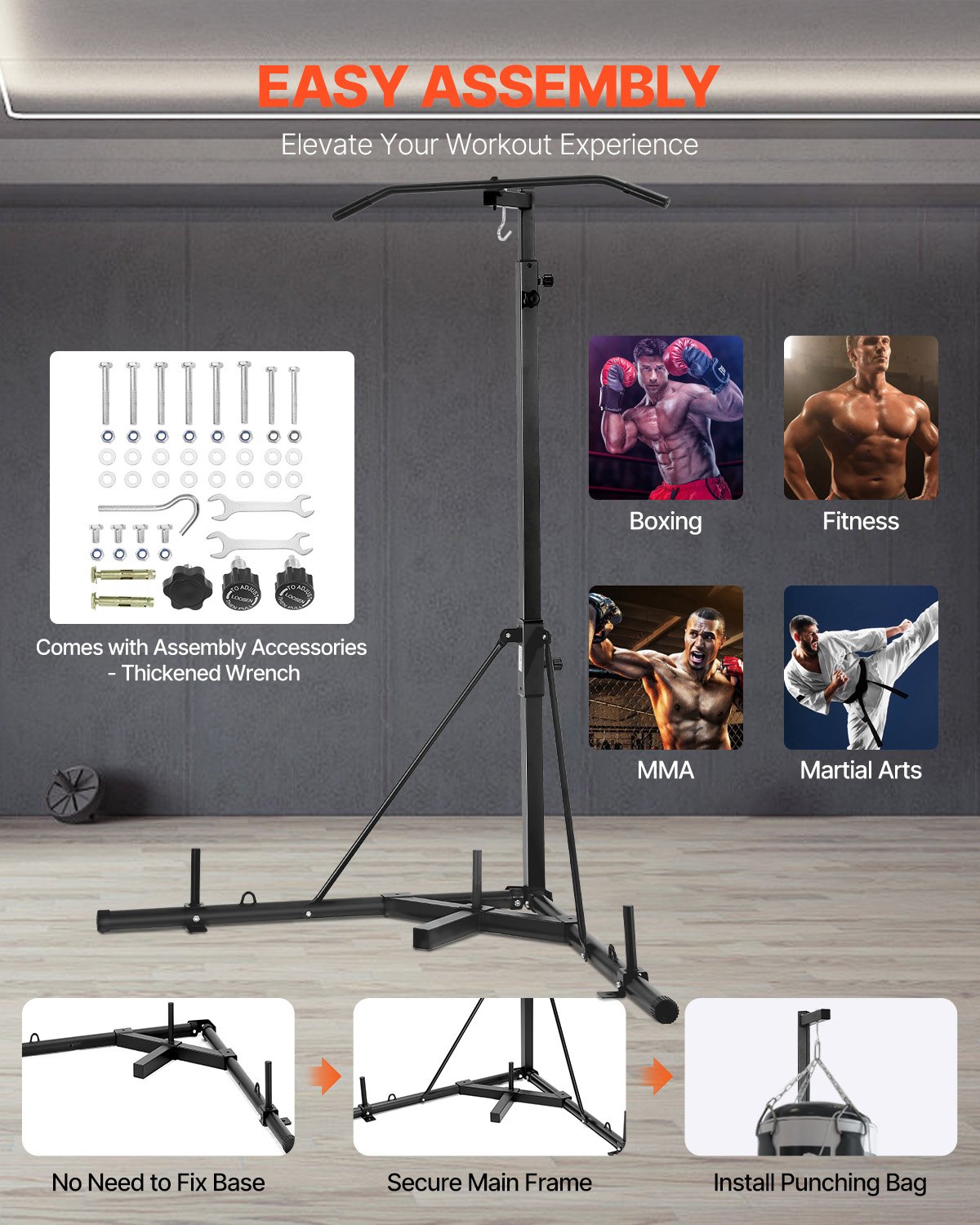 VEVOR 2-in-1 bokszakstandaard trainingsapparatuur zandzakframe van staal, in hoogte verstelbare bokszakhouder met optrekstang (draagvermogen 65 kg), vrijstaande fitnessapparatuur voor de sportschool, zwart