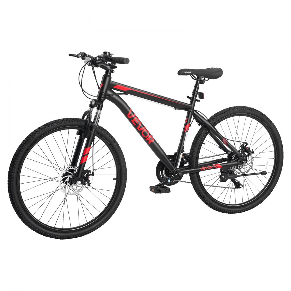 VEVOR Mountainbike voor dames en heren, 26 inch, 21 versnellingen, zwart/rood, ideaal voor volwassenen, frame van koolstofstaal, met geveerde voorvork, draagvermogen van 120 kg, bel, reflectoren en verstelbaar zadel.
