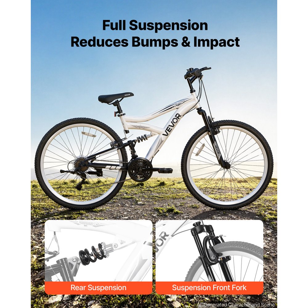 VEVOR mountainbike voor dames en heren, 27,5 inch, 18 versnellingen, zwart-wit, ideaal voor volwassenen, frame van koolstofstaal, volledige vering, draagvermogen van 120 kg, bel, reflectoren en verstelbaar zadel.
