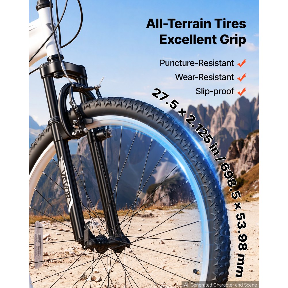 VEVOR mountainbike voor dames en heren, 27,5 inch, 18 versnellingen, zwart-wit, ideaal voor volwassenen, frame van koolstofstaal, volledige vering, draagvermogen van 120 kg, bel, reflectoren en verstelbaar zadel.