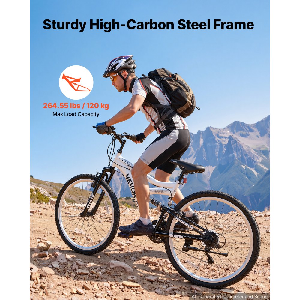 VEVOR mountainbike voor dames en heren, 27,5 inch, 18 versnellingen, zwart-wit, ideaal voor volwassenen, frame van koolstofstaal, volledige vering, draagvermogen van 120 kg, bel, reflectoren en verstelbaar zadel.