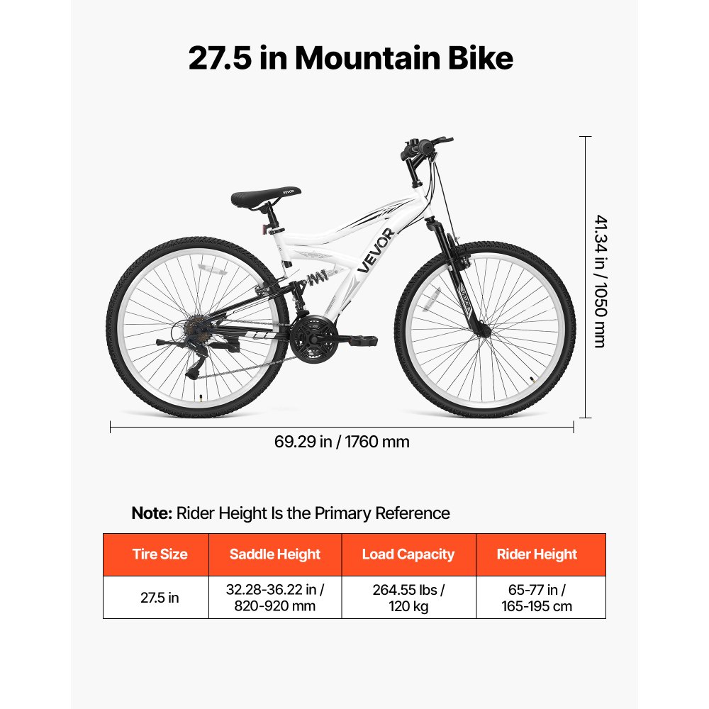 VEVOR mountainbike voor dames en heren, 27,5 inch, 18 versnellingen, zwart-wit, ideaal voor volwassenen, frame van koolstofstaal, volledige vering, draagvermogen van 120 kg, bel, reflectoren en verstelbaar zadel.
