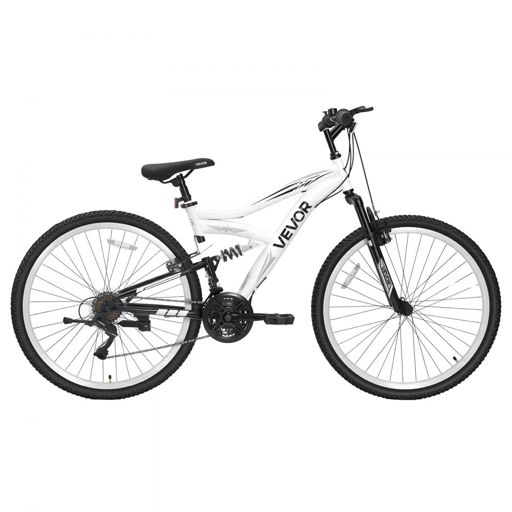 VEVOR mountainbike voor dames en heren, 27,5 inch, 18 versnellingen, zwart-wit, ideaal voor volwassenen, frame van koolstofstaal, volledige vering, draagvermogen van 120 kg, bel, reflectoren en verstelbaar zadel.