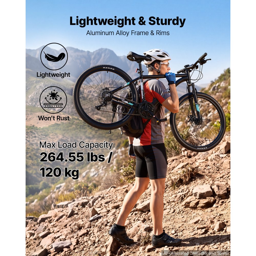 VEVOR Mountainbike voor dames en heren, 26 inch, 21 versnellingen, zwart, outdoor, ideaal voor volwassenen, frame van aluminiumlegering, met verende voorvork, draagvermogen van 120 kg, bel, reflectoren en lichtbevestiging.