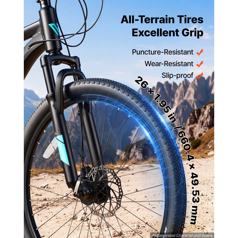 VEVOR Mountainbike voor dames en heren, 26 inch, 21 versnellingen, zwart, outdoor, ideaal voor volwassenen, frame van aluminiumlegering, met verende voorvork, draagvermogen van 120 kg, bel, reflectoren en lichtbevestiging.