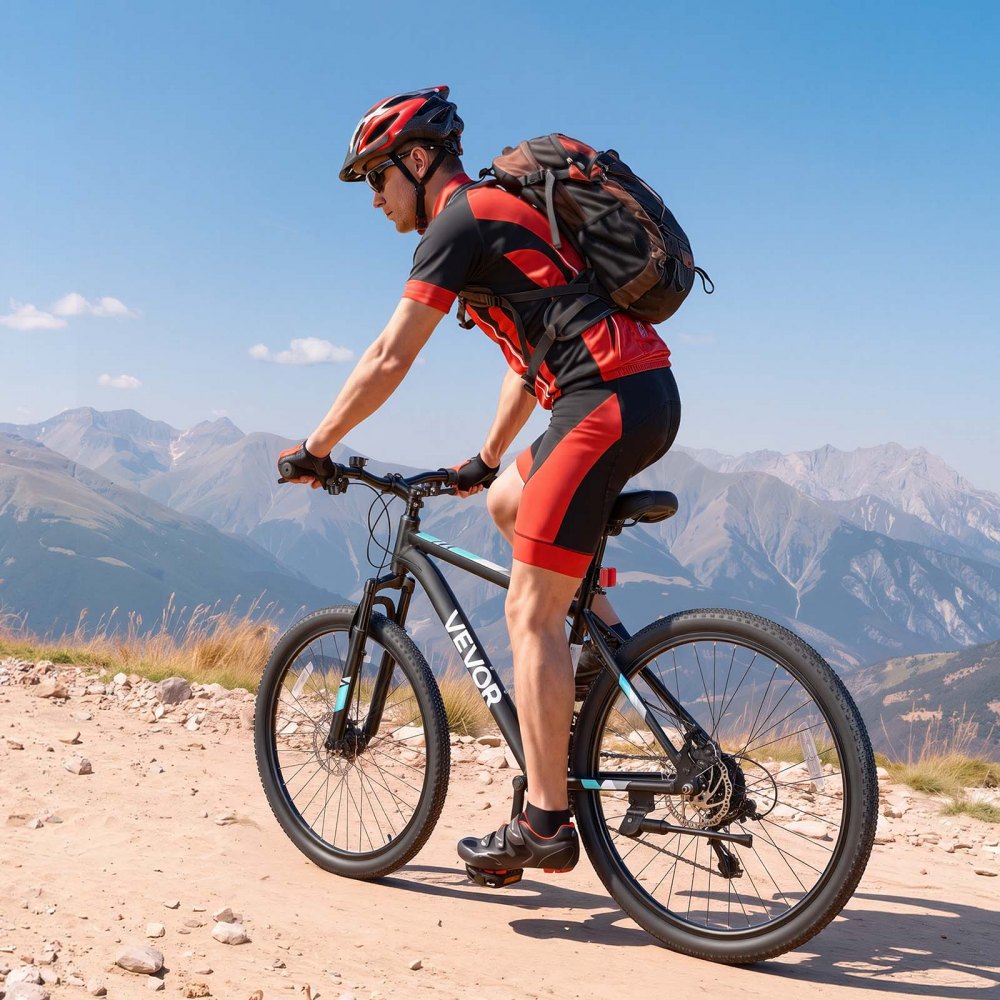 VEVOR Mountainbike voor dames en heren, 26 inch, 21 versnellingen, zwart, outdoor, ideaal voor volwassenen, frame van aluminiumlegering, met verende voorvork, draagvermogen van 120 kg, bel, reflectoren en lichtbevestiging.