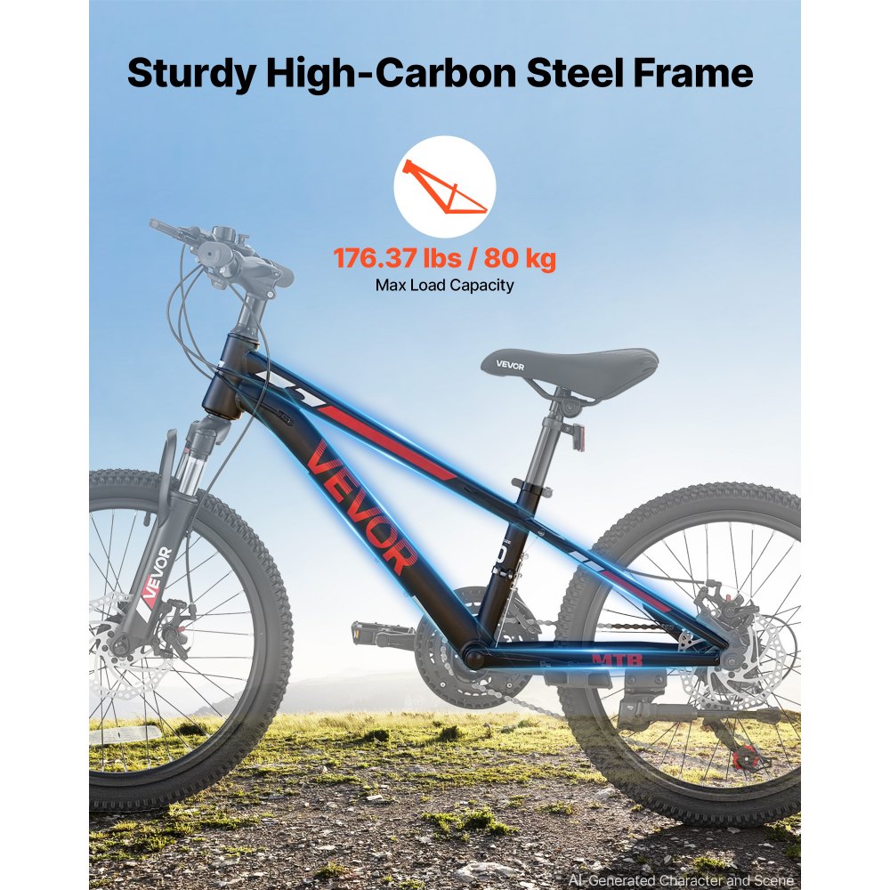 VEVOR Mountain Bike for Men and Women 20 inch Outdoor Bicycle 21 Speeds, Adult Bike, Front Suspension, Adjustable Saddle, All-Terrain Tires, High Carbon Steel Frame, Dual Disc Brake, Pre-Assembled