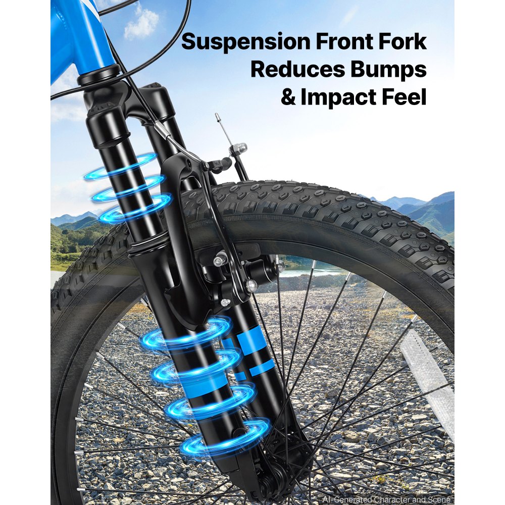 VEVOR Mountainbike 20 inch 6-versnellingsfiets van koolstofstaal, blauw, voor recreatief fietsen en lichte offroad-tochten, draagvermogen van 80 kg, bel, verstelbaar zadel, bevestigingspunt voor verlichting en dubbele remmen.