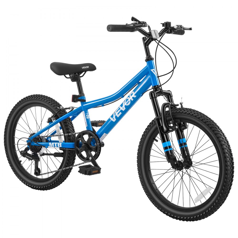 VEVOR Mountainbike 20 inch 6-versnellingsfiets van koolstofstaal, blauw, voor recreatief fietsen en lichte offroad-tochten, draagvermogen van 80 kg, bel, verstelbaar zadel, bevestigingspunt voor verlichting en dubbele remmen.