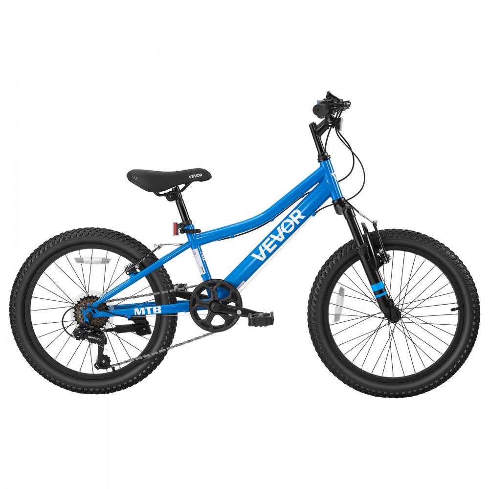 VEVOR Mountainbike 20 inch 6-versnellingsfiets van koolstofstaal, blauw, voor recreatief fietsen en lichte offroad-tochten, draagvermogen van 80 kg, bel, verstelbaar zadel, bevestigingspunt voor verlichting en dubbele remmen.