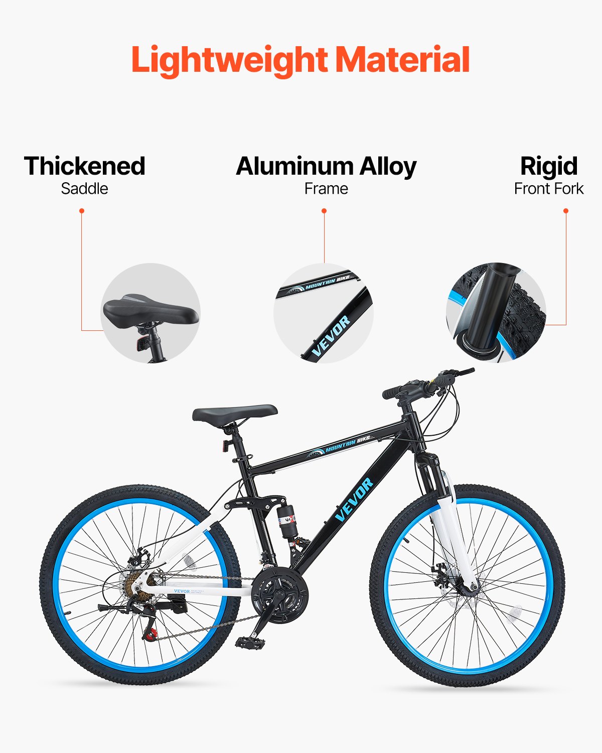 VEVOR Mountainbike MTB-fiets (26") met 21 versnellingen, comfortabel zadel, volledige dubbele vering, aluminium frame, sportfiets voor mannen en vrouwen, trailsneeuw