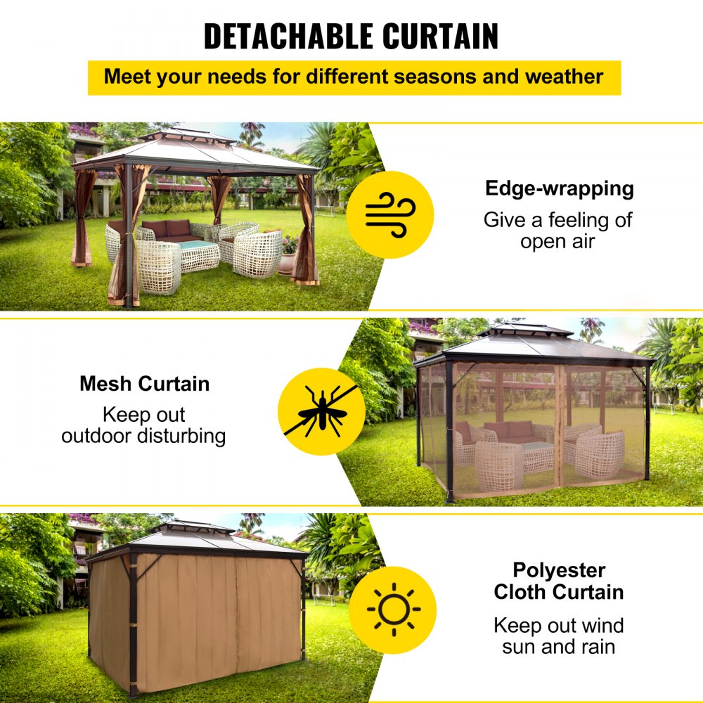 Happybuy Patio Gazebo 10x10ft Hardtop Gazebo Gazebo with Mosquito Netting Outdoor Gazebo Patio Tent Garden Winds Replacement Canopy Double Tier Roof Canopy Gazebos For Patios Garden Home Lawn Brown