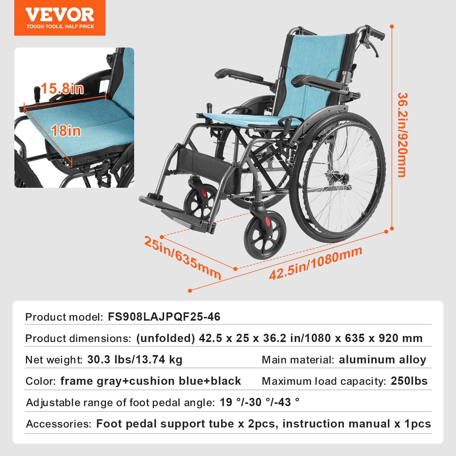 VEVOR rolstoel, duurzame, ultralichte rolstoel van aluminiumlegering, draagbare rolstoel met opklapbare armleuningen tot aan het bureau, 3-voudig verstelbare voetsteunen, 45 cm brede zitting, draagvermogen van 113 kg