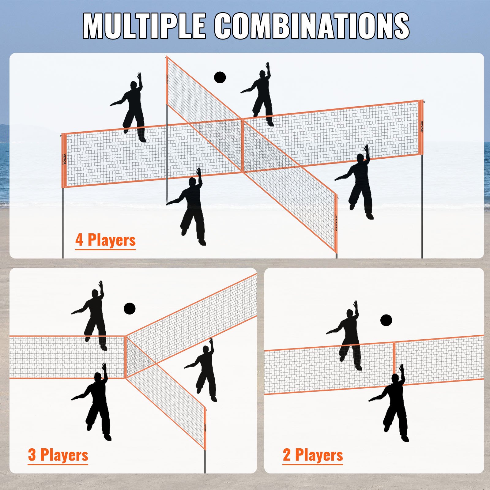 VEVOR Volleybalnet Hoogteverstelbaar volleybalnetset, 4,3 x 2,2 m Draagbaar beachvolleybalnet, Oranje volleybalnet Opvouwbaar volleybalnet met volleybal en draagtas, voor tuin, strand