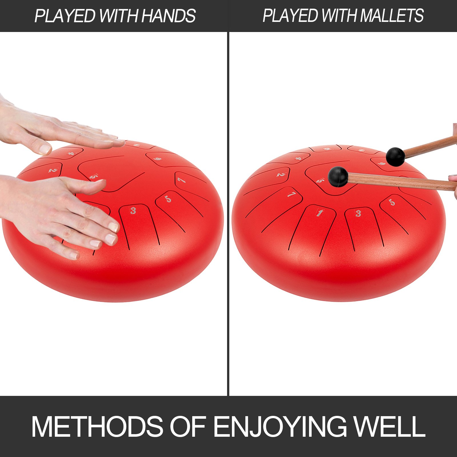 BuoQua Steel Tongue Drum 11 Notes 10 Inches Handpan Steel Drum Red Handpan Drum Hand Drums Percussion Instrument with Bag