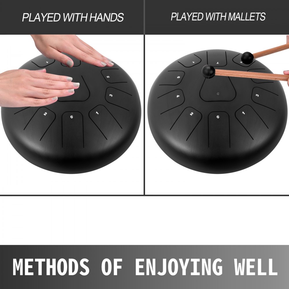 Stalen tongtrommel 11 noten 12 inch percussie zwart met transporttas muziekboek mallets