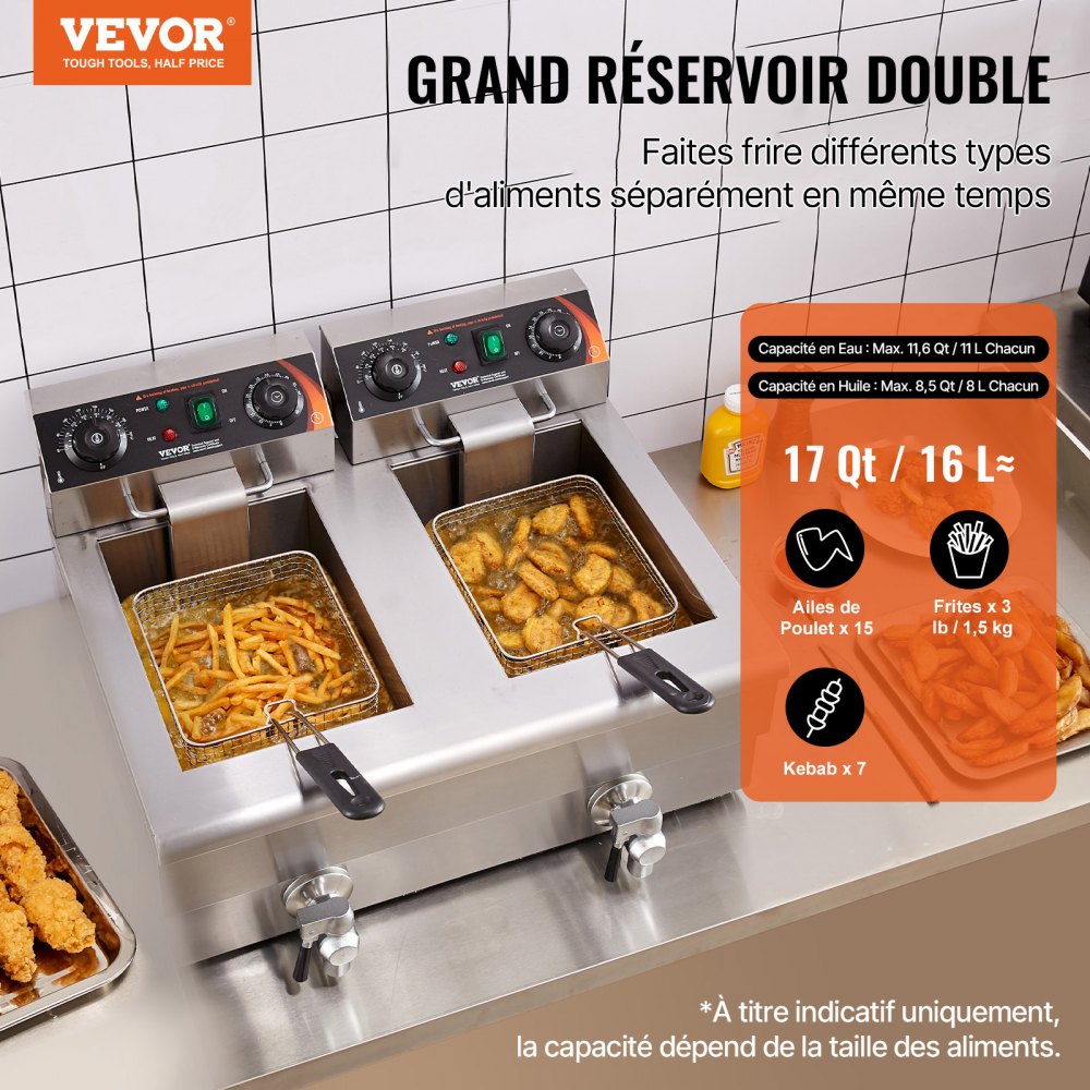 VEVOR Commerciële Frituurpan, Elektrische 3 kW Tafelmodel Frituurpan met Dubbele Tank en Mand, 2 x 11 L RVS Dubbele Olie Frituurpan, Tijd- en Temperatuurregeling, voor Keukenrestaurants