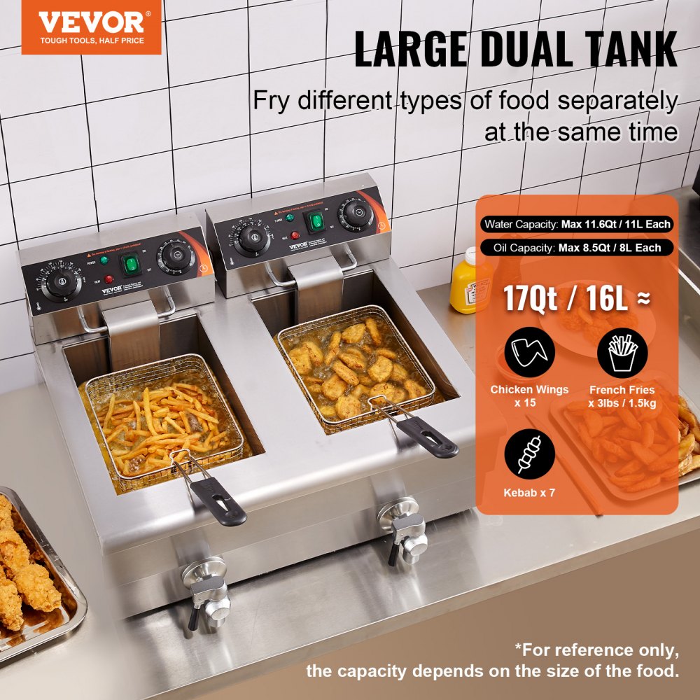 VEVOR Commerciële Frituurpan, Elektrische 3 kW Tafelmodel Frituurpan met Dubbele Tank en Mand, 2 x 11 L RVS Dubbele Olie Frituurpan, Tijd- en Temperatuurregeling, voor Keukenrestaurants