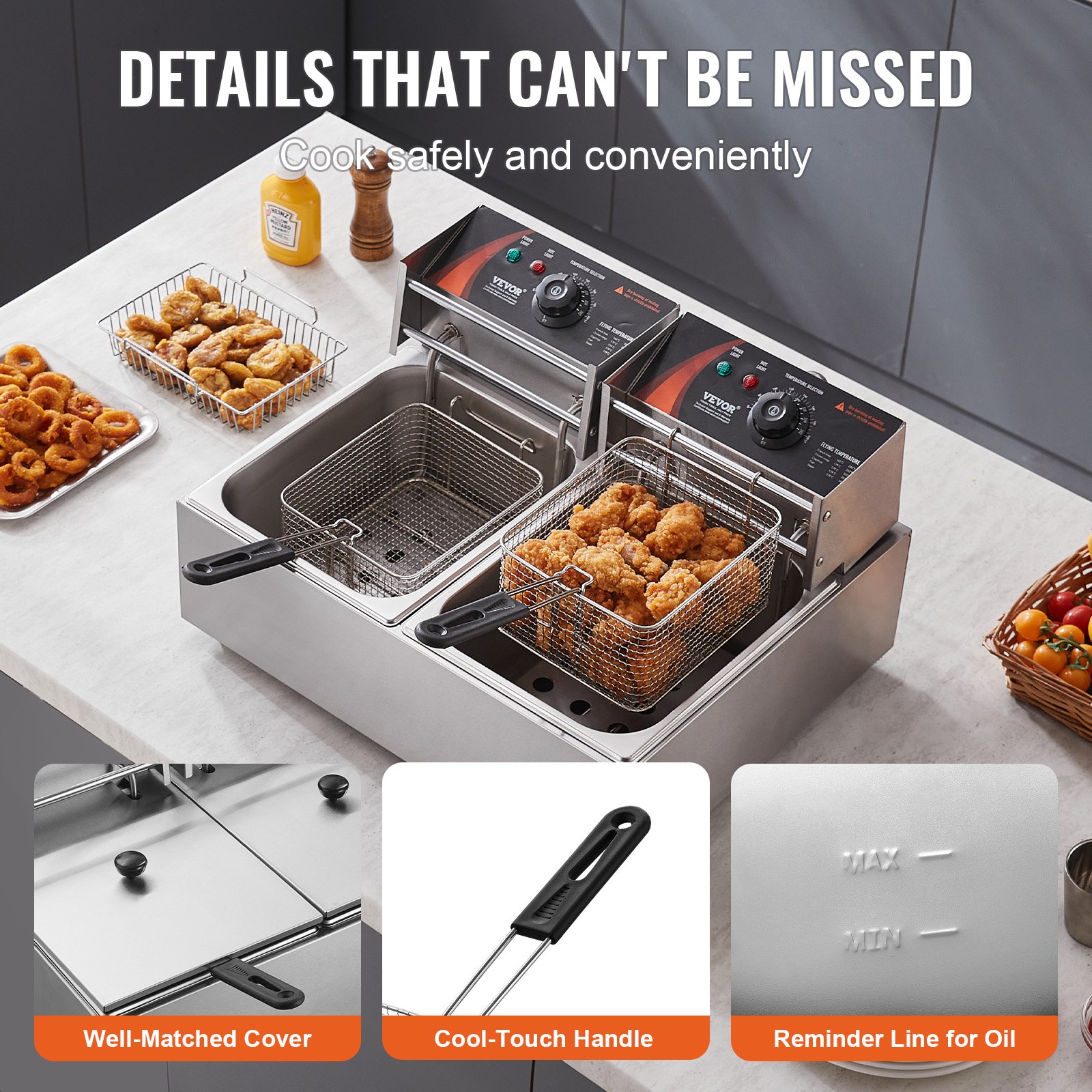 VEVOR Commerciële Elektrische Friteuse, 12L Grote Elektrische Friteuse voor Op het Aanrecht met Uitneembare Dubbele Mand, 5000W Roestvrijstalen Dubbele Friteuse voor Keuken, Restaurant