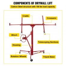 VEVOR Platenlift Gipsplaten 68 kg Gewichtscapaciteit Paneellift Gipsplaten 120 cm-335 cm Hoogte Gipsplaten Lift van Koolstofstaal met Drie Vergrendelbare Wielen voor het Optillen van Gipsplaat, Plank