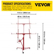 VEVOR Drywall Rolling Lifter Panel, 11ft Sheetrock Lift Drywall Lift, 150lb Weight Capacity Panel Hoist Jack Tool, Steel Material with Telescopic Arm & 3 Lockable Wheels, 48x192 in Plasterboard Size