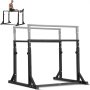 VEVOR dip bar with a man performing a leg raise, showcasing adjustable height and sturdy construction.