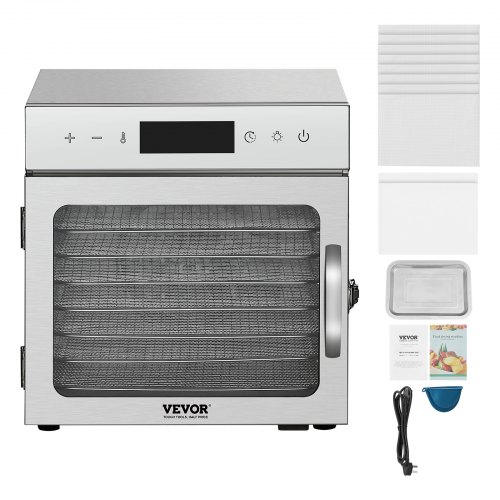 VEVOR 700W voedseldroger, roestvrij staal, 300 x 280 mm, 6 trays, 360