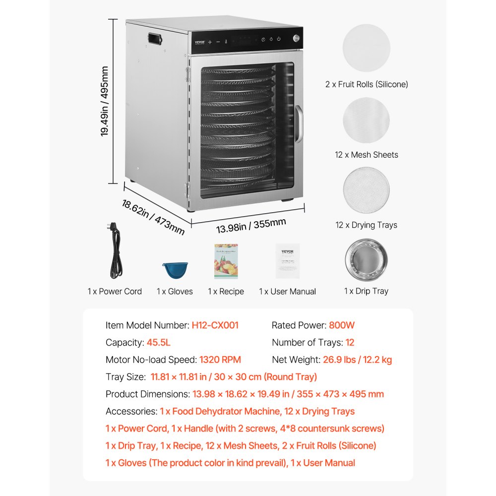 VEVOR Voedseldroger 12 roestvrijstalen trays, elektrische 800W voedseldroger met instelbare temperatuur, vriesdroger voor gedroogd vlees, fruit, groenten, kruiden en hondensnoepjes