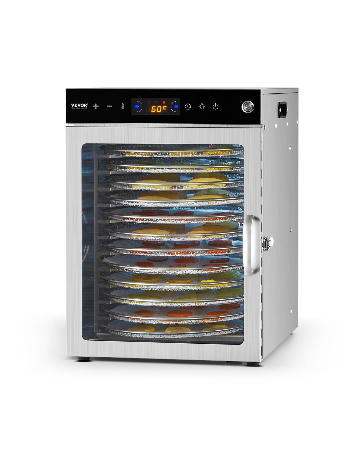 VEVOR Voedseldroger 12 roestvrijstalen trays, elektrische 800W voedseldroger met instelbare temperatuur, vriesdroger voor gedroogd vlees, fruit, groenten, kruiden en hondensnoepjes
