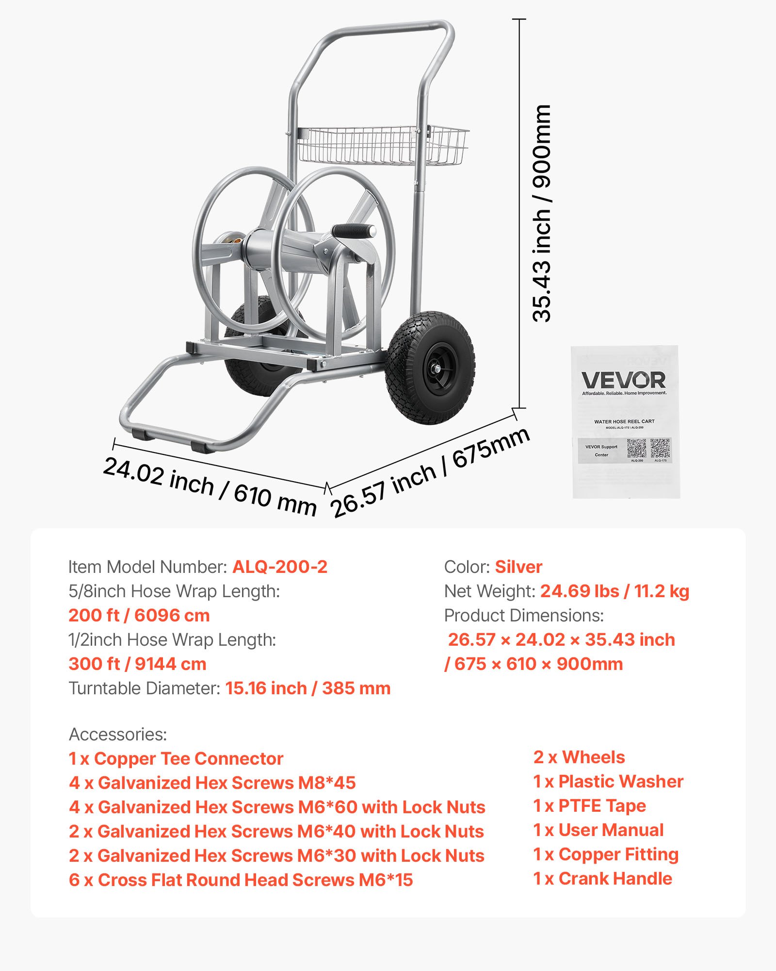 VEVOR Slangwagen, 6096/9144cm Tuinslangwagen, Slanghaspel met Twee Wielen, Handvat & Opbergmand, Multifunctionele Slanghaspel voor Tuin, Auto 675x610x900mm