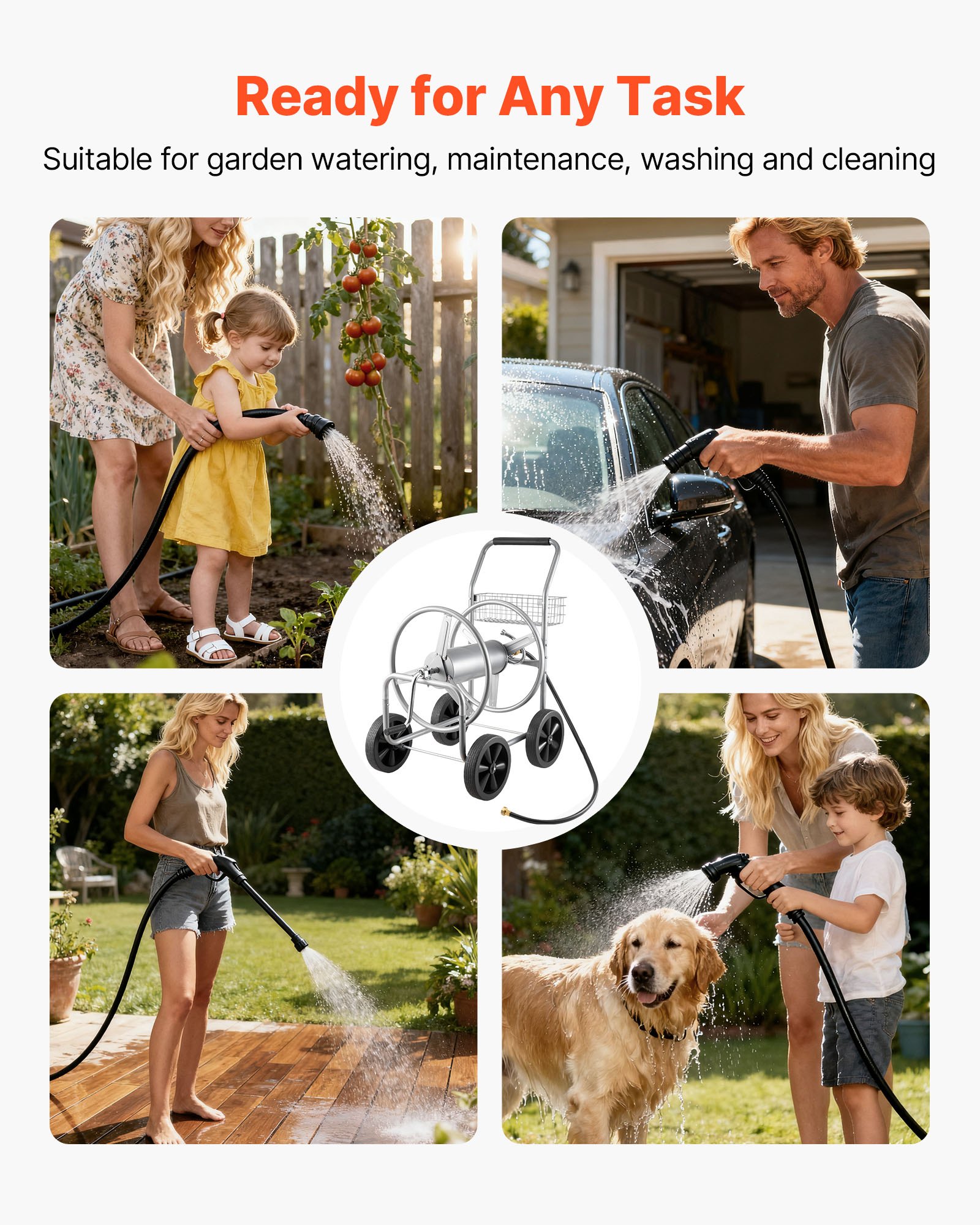 VEVOR Water Hose Reel Cart, 250/400 ft High-Pressure Garden Hose Cart, Hoses Reel Carts with Four Wheels, Handle & Heavy-Duty Mesh Storage Basket, Portable Hoses Reels for Garden Watering, Car Washing