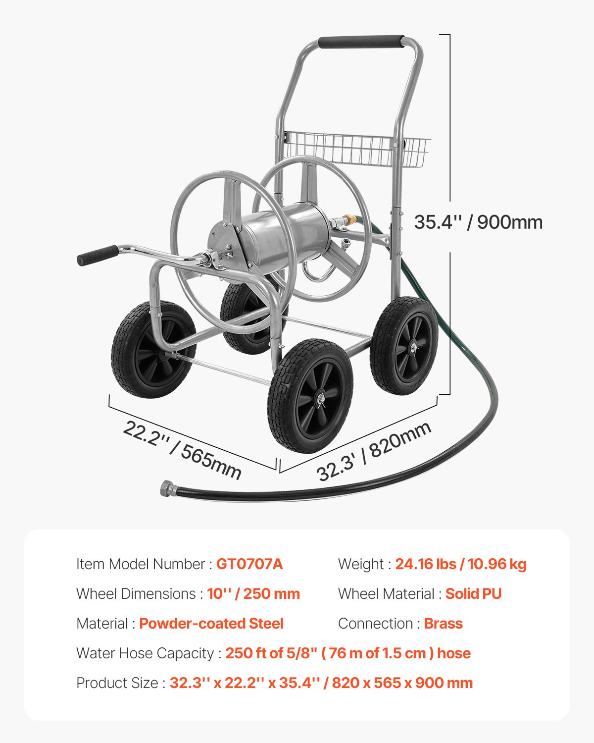 VEVOR Water Hose Reel Cart, 250/400 ft High-Pressure Garden Hose Cart, Hoses Reel Carts with Four Wheels, Handle & Heavy-Duty Mesh Storage Basket, Portable Hoses Reels for Garden Watering, Car Washing