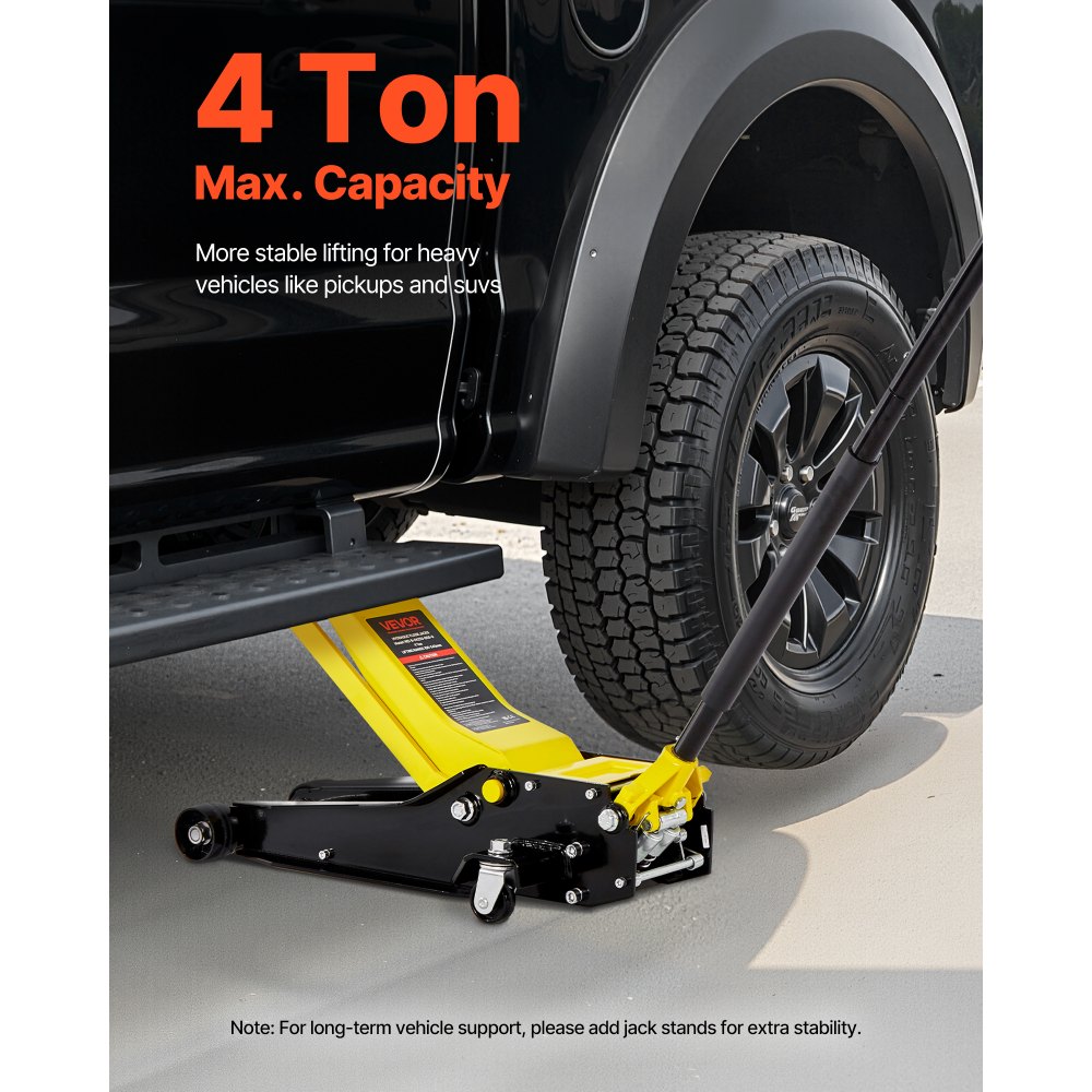 VEVOR Low Profile Floor Jack, 4 Ton (8818 lbs) Capacity, Steel Racing Floor Jack with Dual Pistons Quick Lift Pump, Hydraulic Trolley Car Lift for Sport Utility Vehicle, Lifting Range 3.9-21.5 Inches