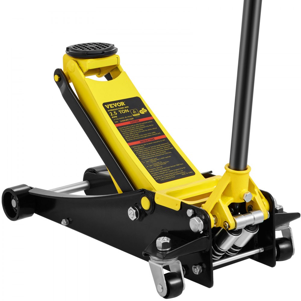 yellow VEVOR floor jack with black steel frame, 2.5-ton capacity, and wheel casters for mobility.