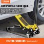 VEVOR floor jack lifting a car, highlighting 2.5 ton/5500 lbs capacity and ease of tire change.